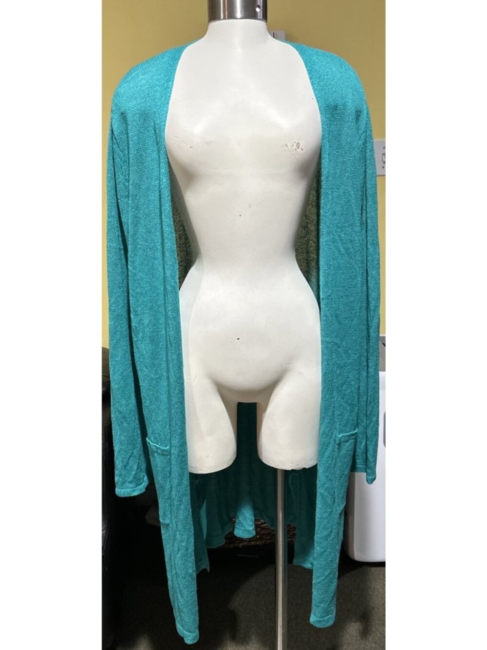 J. Jill Teal Green Linen Blend Open Front Longline Duster Cardigan Sweater XL